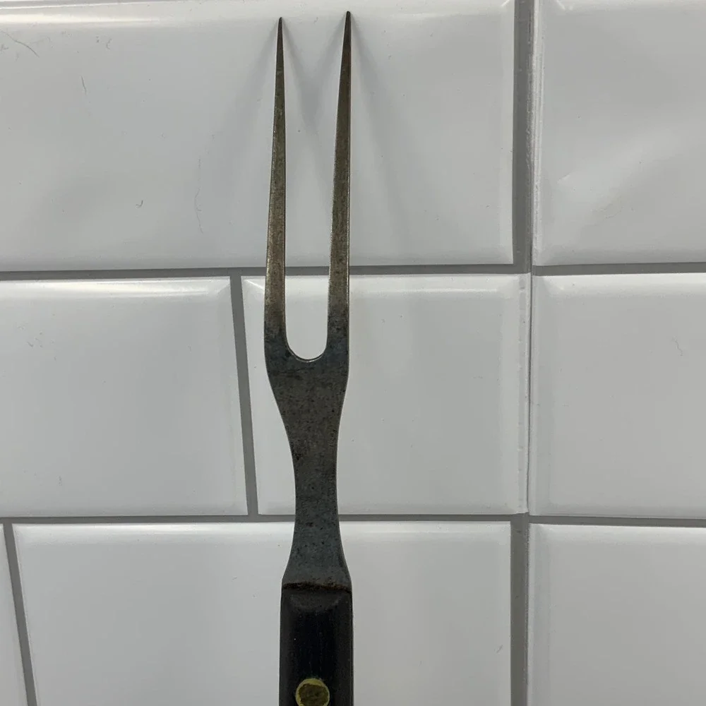 Vintage Unbranded Two Tine Carving Fork Wood Carbon Steel Brown 10.75in